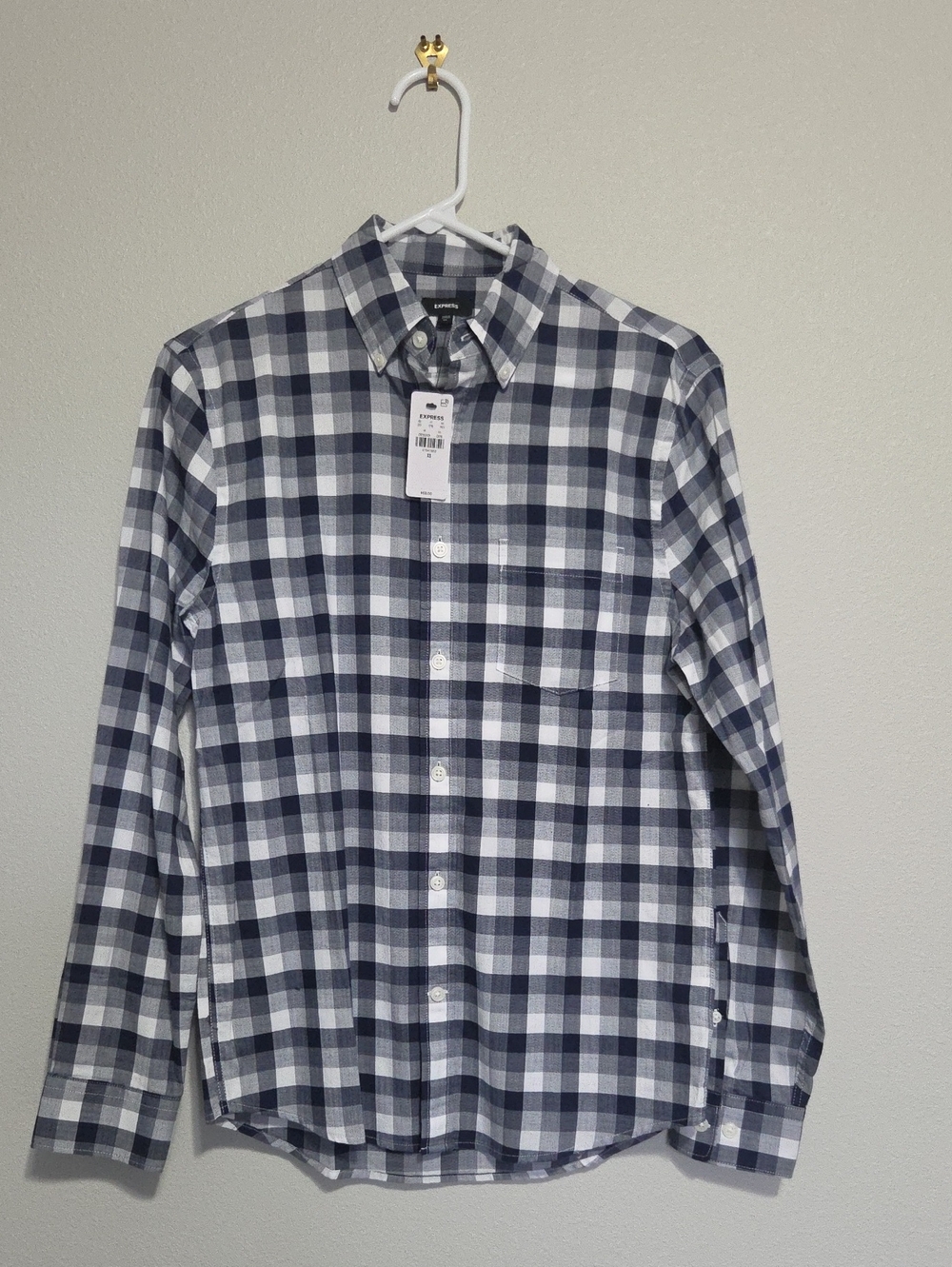 Express Navy and White Plaid Button-Down Shirt